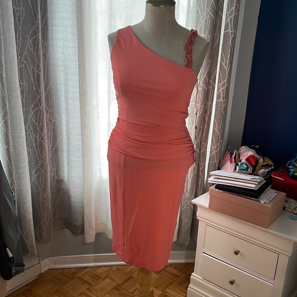 🌺 Blumarine Coral Asymmetrical Bodycon Dress – One-Shoulder Cocktail Glam - Picture 3 of 6